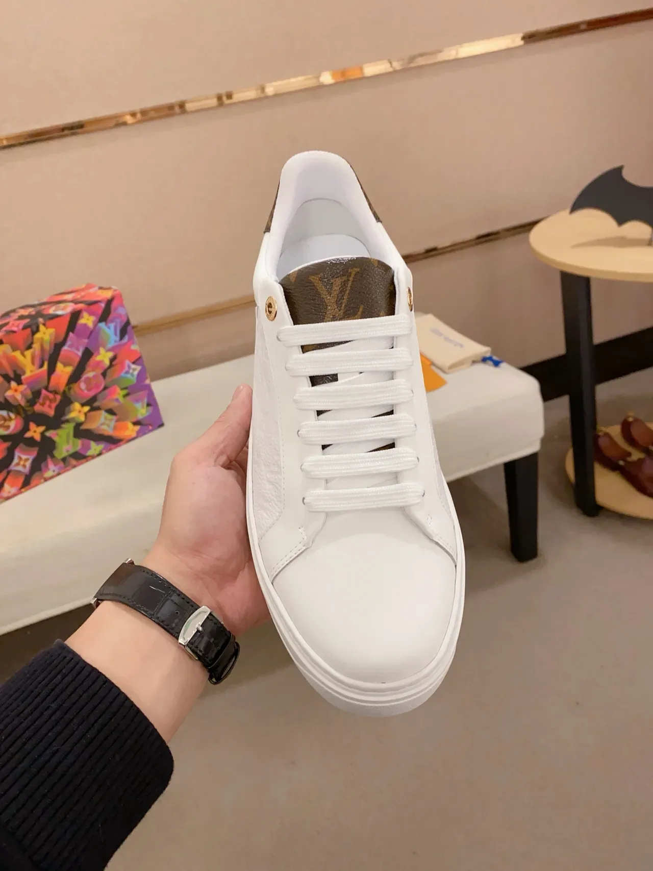 Louis Vuitton LV Trainer White Brown Textured Leather Upper Monogram Heel Tab Lifestyle Sneakers 2