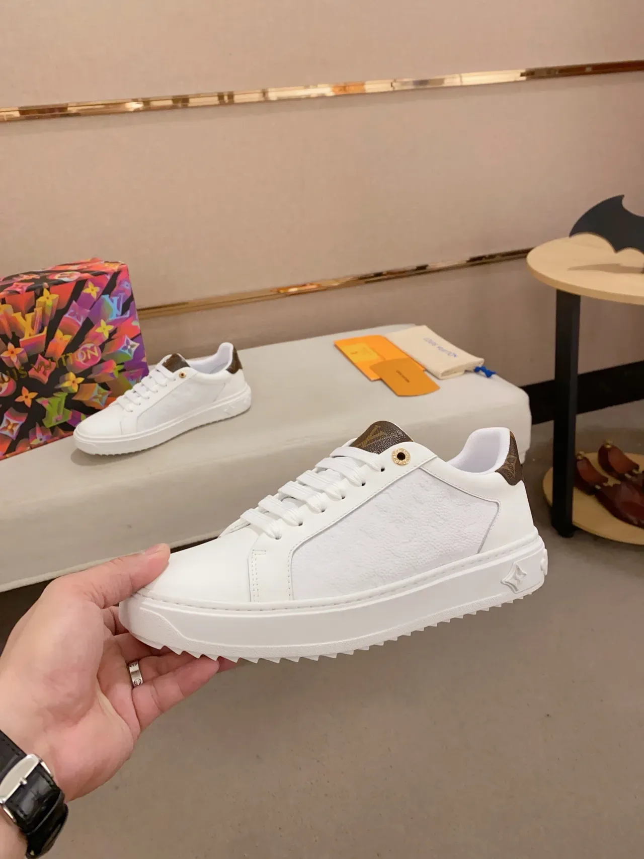 Louis Vuitton LV Trainer White Brown Textured Leather Upper Monogram Heel Tab Lifestyle Sneakers 3