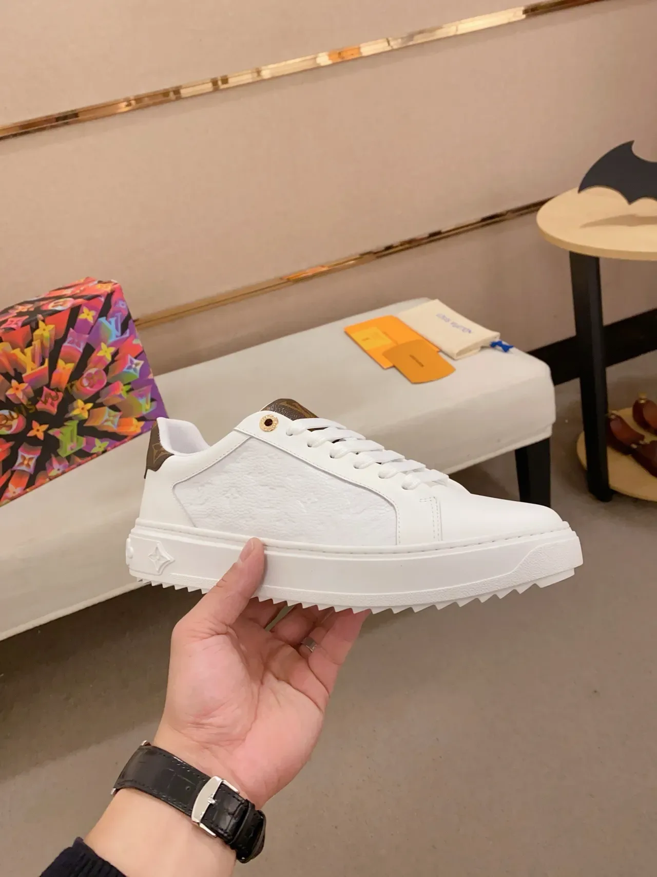 Louis Vuitton LV Trainer White Brown Textured Leather Upper Monogram Heel Tab Lifestyle Sneakers 4