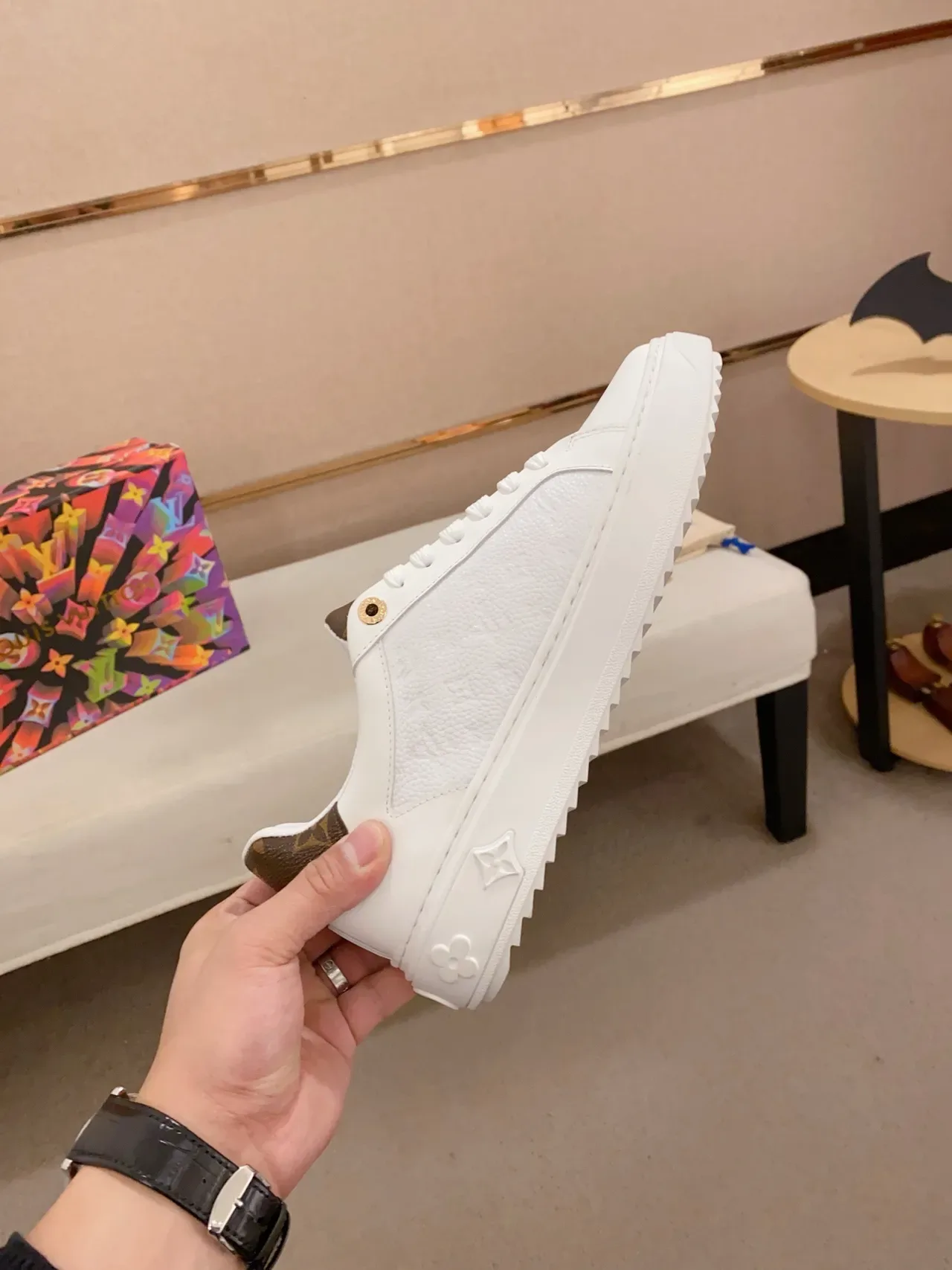 Louis Vuitton LV Trainer White Brown Textured Leather Upper Monogram Heel Tab Lifestyle Sneakers 5