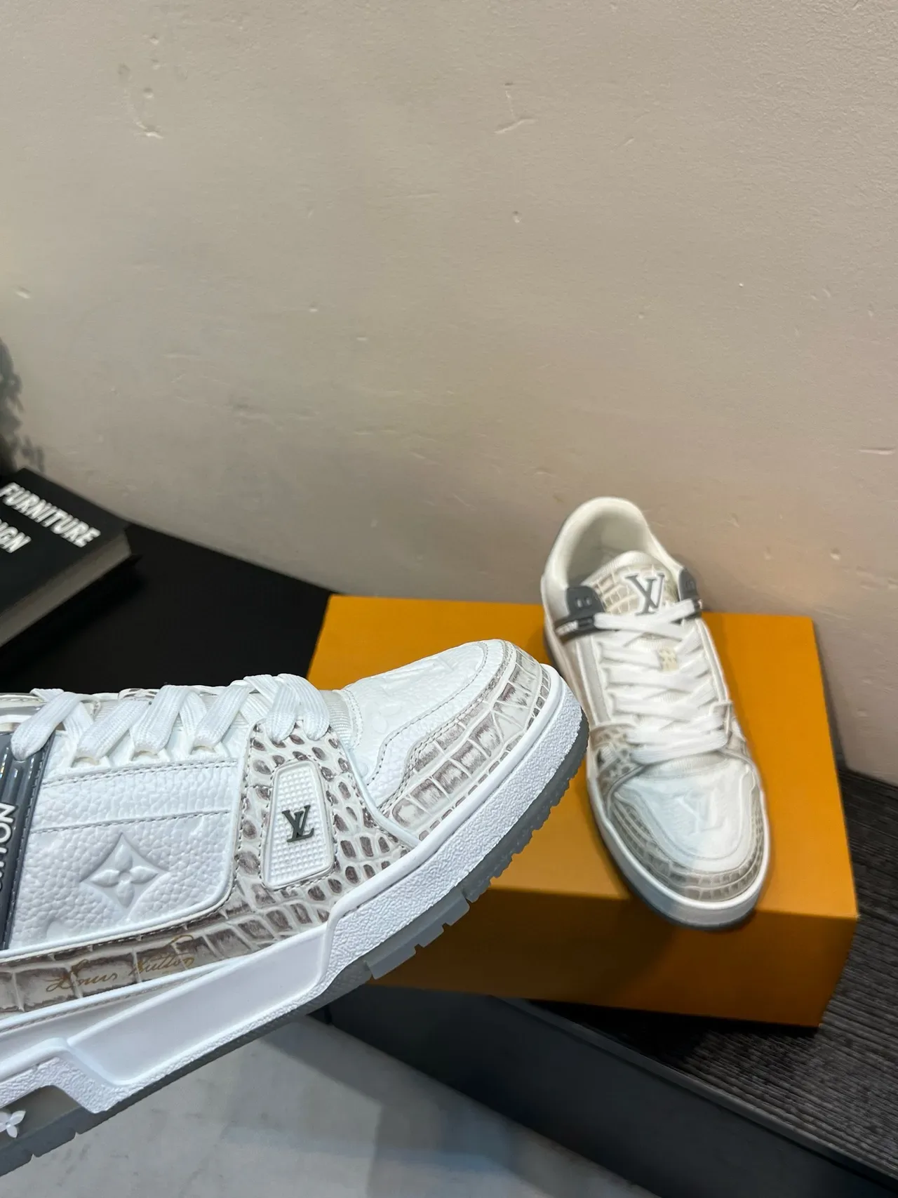 Louis Vuitton LV Trainer White Gray Layered Leather And Croc-Embossed Panels Lifestyle Sneakers 8