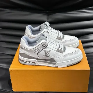 Louis Vuitton LV Trainer White Gray Leather Upper Monogrammed Side Panel Lifestyle Sneakers