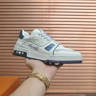 Louis Vuitton LV Trainer White Navy Monogram-Embossed Leather Cursive Script Logo Lifestyle Sneakers
