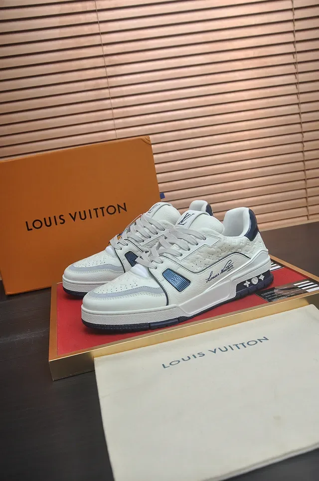 Louis Vuitton LV Trainer White Navy Monogram-Embossed Leather Cursive Script Logo Lifestyle Sneakers 2