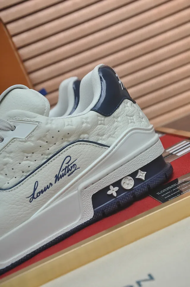 Louis Vuitton LV Trainer White Navy Monogram-Embossed Leather Cursive Script Logo Lifestyle Sneakers 3