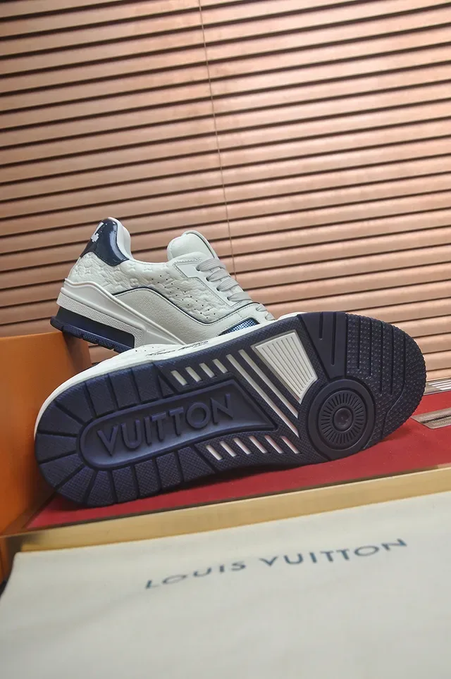 Louis Vuitton LV Trainer White Navy Monogram-Embossed Leather Cursive Script Logo Lifestyle Sneakers 4
