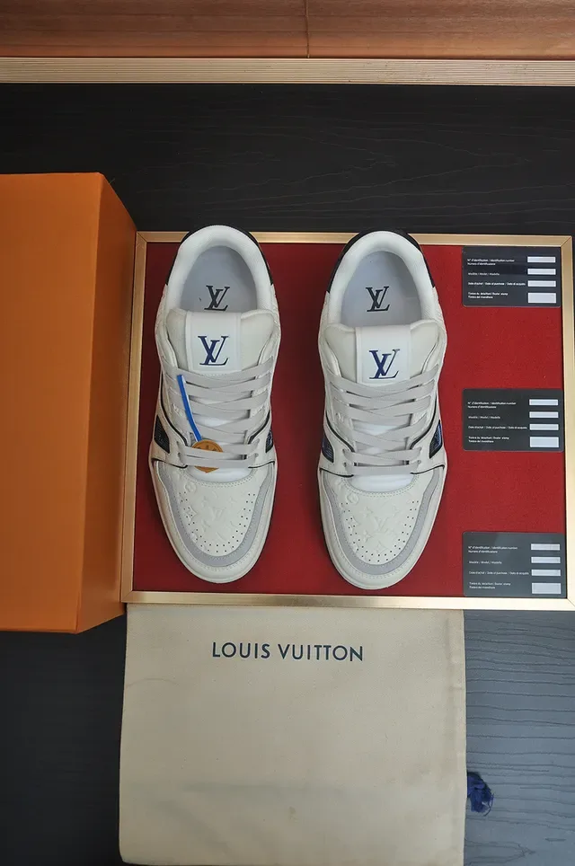 Louis Vuitton LV Trainer White Navy Monogram-Embossed Leather Cursive Script Logo Lifestyle Sneakers 5