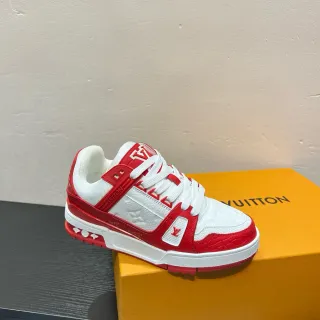 Louis Vuitton LV Trainer Blanco Rojo Grabado Monograma Cuero Superposición de jaula Zapatillas lifestyle