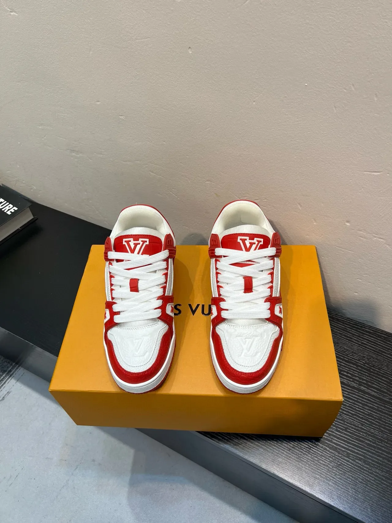 Louis Vuitton LV Trainer White Red Embossed Monogram Leather Cage Overlay Lifestyle Sneakers 2