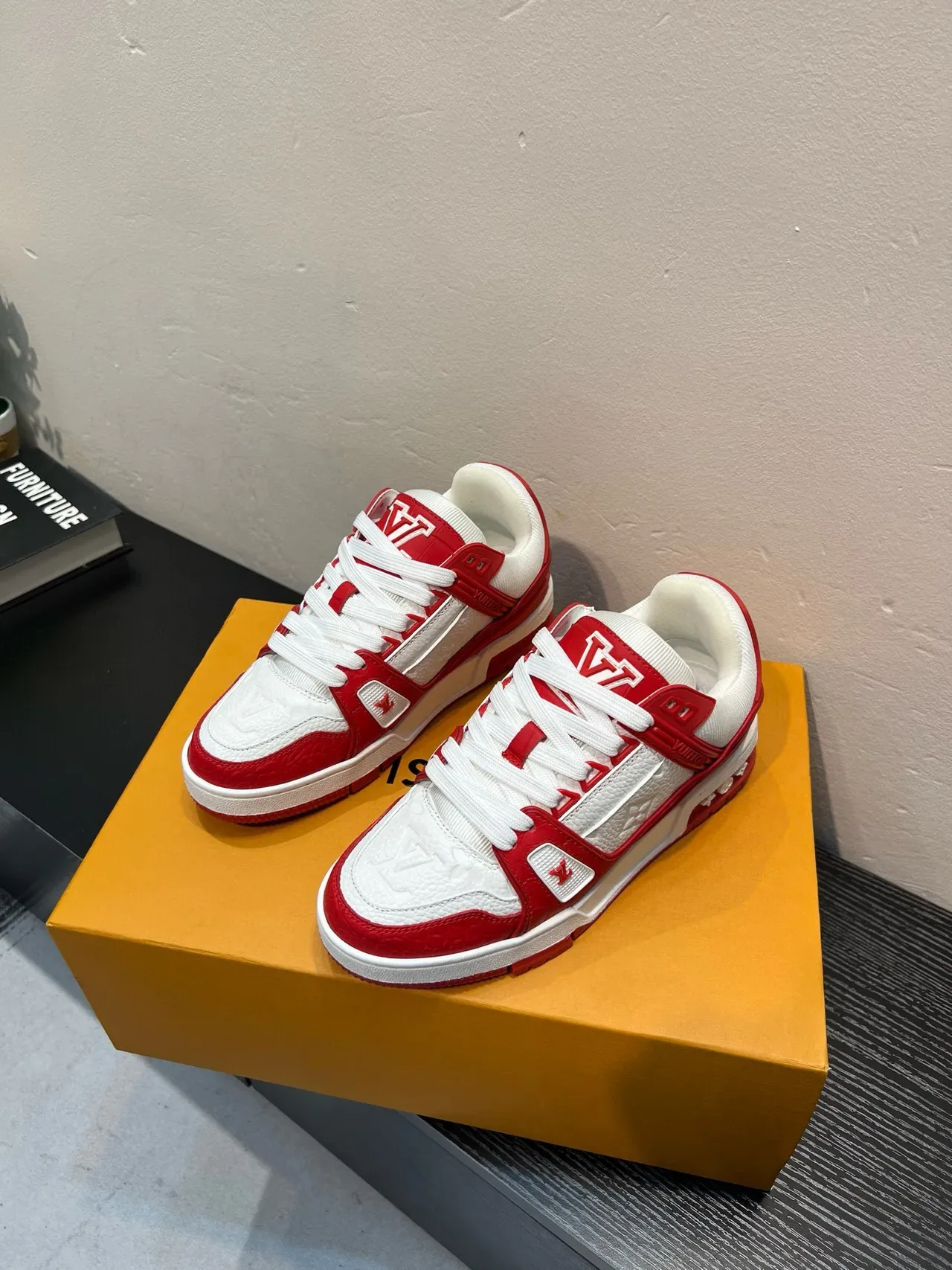 Louis Vuitton LV Trainer White Red Embossed Monogram Leather Cage Overlay Lifestyle Sneakers 3