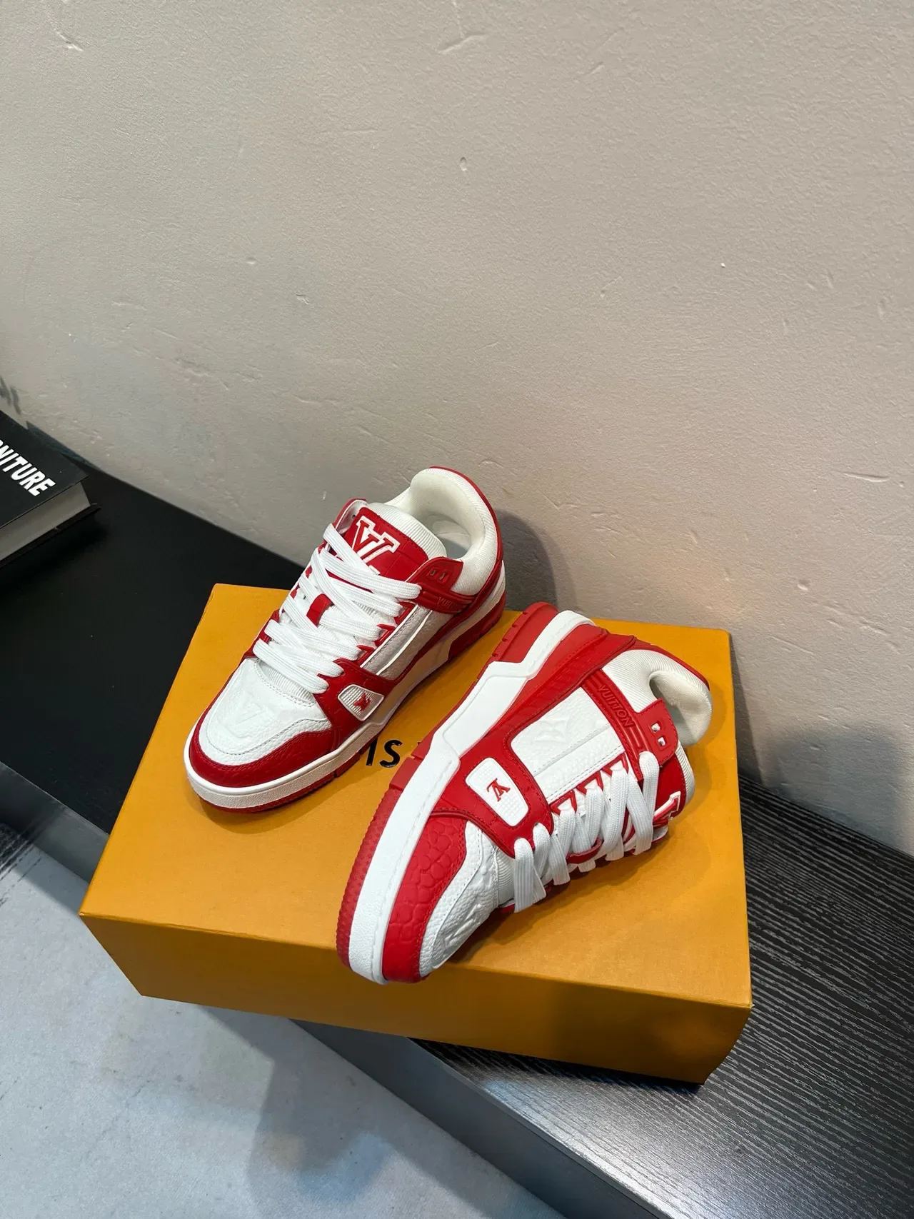 Louis Vuitton LV Trainer White Red Embossed Monogram Leather Cage Overlay Lifestyle Sneakers 4