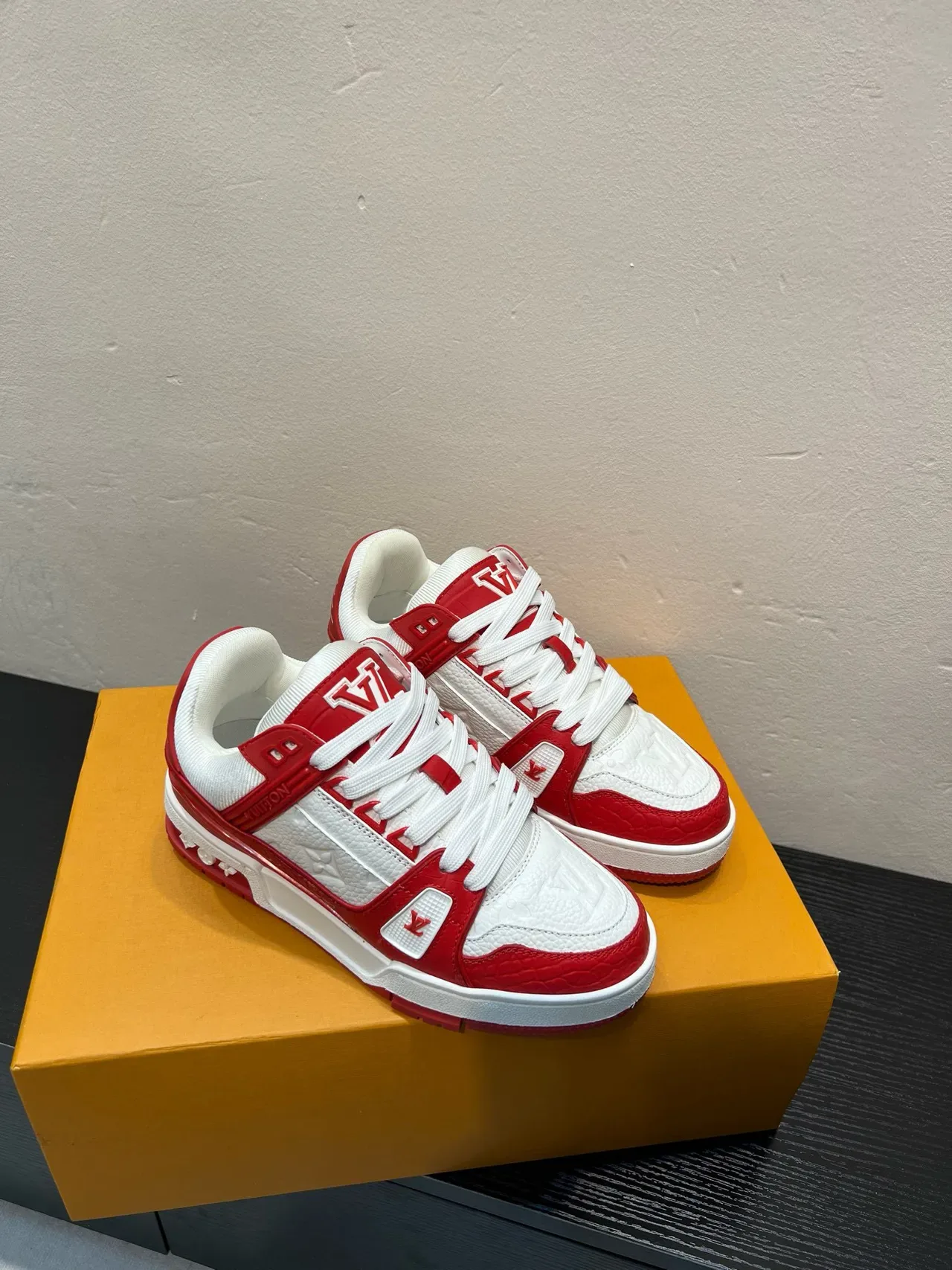 Louis Vuitton LV Trainer White Red Embossed Monogram Leather Cage Overlay Lifestyle Sneakers 5