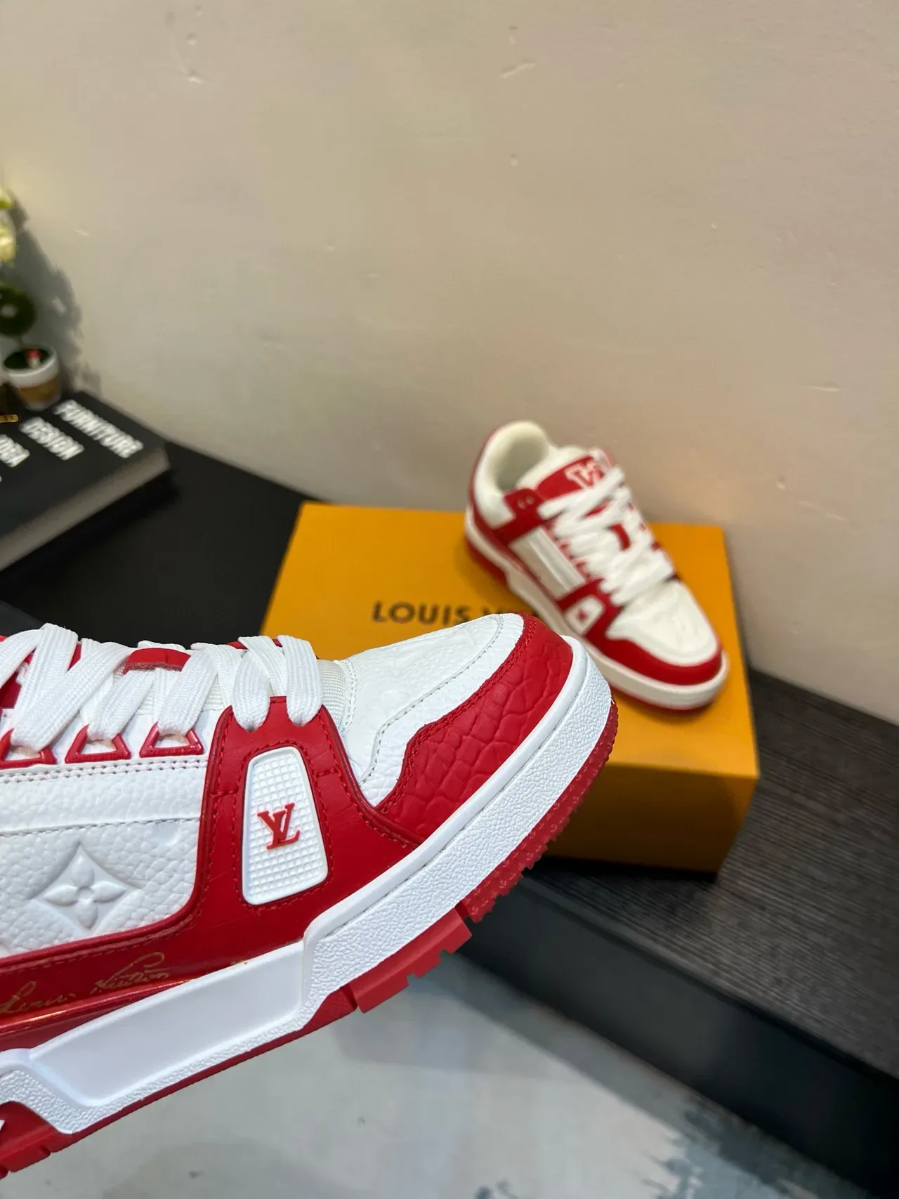 Louis Vuitton LV Trainer White Red Embossed Monogram Leather Cage Overlay Lifestyle Sneakers 7