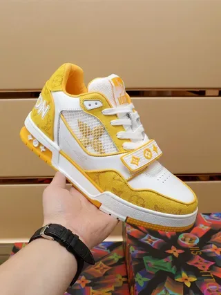 Louis Vuitton LV Trainer Yellow White Monogrammed Textile Mesh Panel Lifestyle Sneakers 2