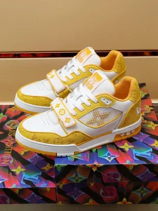 Louis Vuitton LV Trainer Yellow White Monogrammed Textile Mesh Panel Lifestyle Sneakers 4