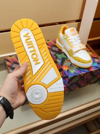Louis Vuitton LV Trainer Yellow White Monogrammed Textile Mesh Panel Lifestyle Sneakers 5