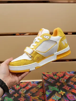 Louis Vuitton LV Trainer Yellow White Monogrammed Textile Mesh Panel Lifestyle Sneakers 6