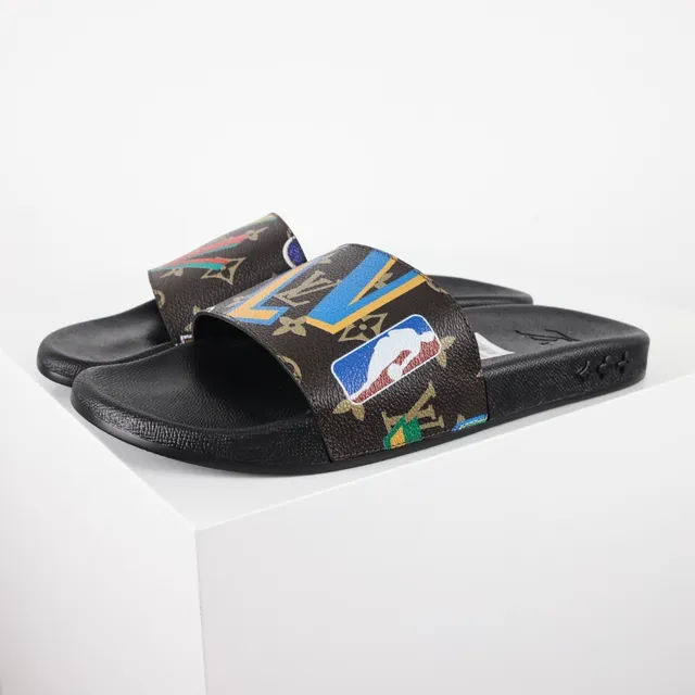 Louis Vuitton LV x NBA Slide Black Multicolor Monogram Canvas Strap Logo Patch Slippers 2