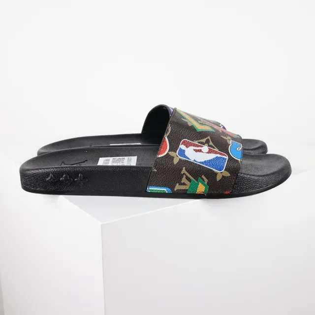 Louis Vuitton LV x NBA Slide Black Multicolor Monogram Canvas Strap Logo Patch Slippers 3