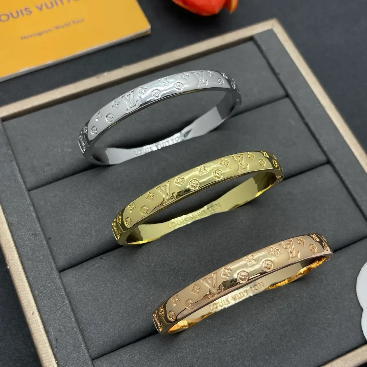 Louis Vuitton Monogram Bangle Silver Polished Engraved Bracelet 2