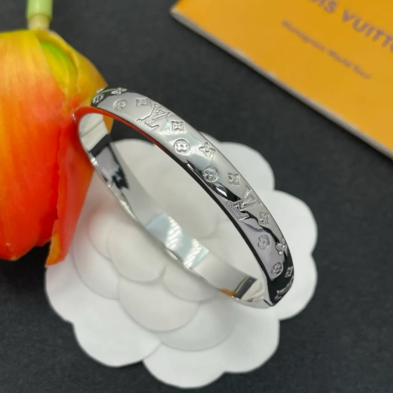 Louis Vuitton Monogram Bangle Silver Polished Engraved Bracelet 6