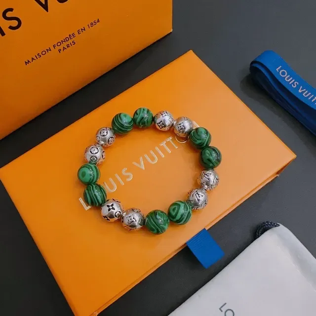 Louis Vuitton Monogram Beads Green and Silver Stretch Bracelet 6