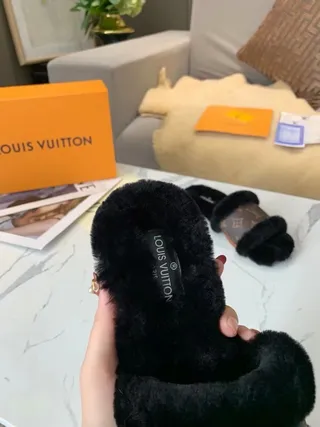 Louis Vuitton Monogram Canvas and Black Fur Slippers 2