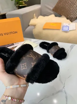 Louis Vuitton Monogram Canvas and Black Fur Slippers 3