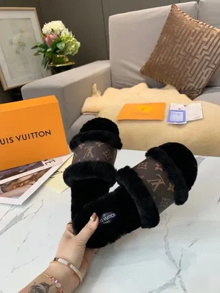Louis Vuitton Monogram Canvas and Black Fur Slippers 4