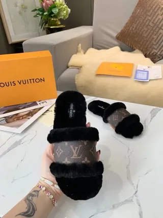 Louis Vuitton Monogram Canvas and Black Fur Slippers 5