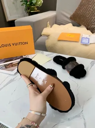 Louis Vuitton Monogram Canvas and Black Fur Slippers 6