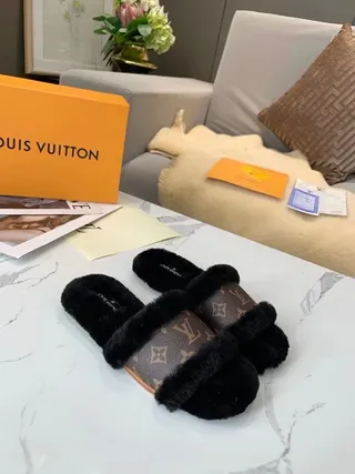 Louis Vuitton Monogram Canvas and Black Fur Slippers 7