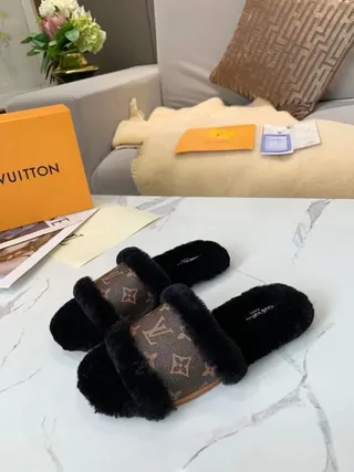 Louis Vuitton Monogram Canvas and Black Fur Slippers 9