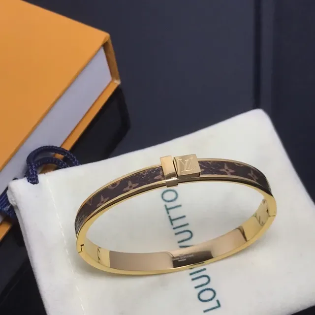 Louis Vuitton Monogram Canvas Bangle Dourado Marrom Com Dobradiças e Incrustação 2