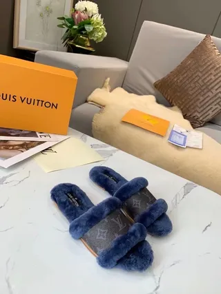 Louis Vuitton Monogram Canvas Navy Shearling Trim Slippers 2