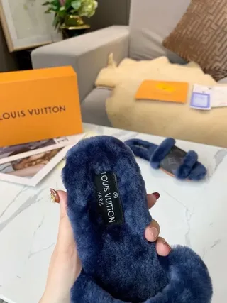 Louis Vuitton Monogram Canvas Navy Shearling Trim Slippers 3