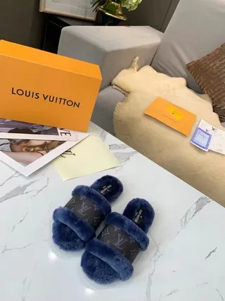 Louis Vuitton Monogram Canvas Navy Shearling Trim Slippers 4