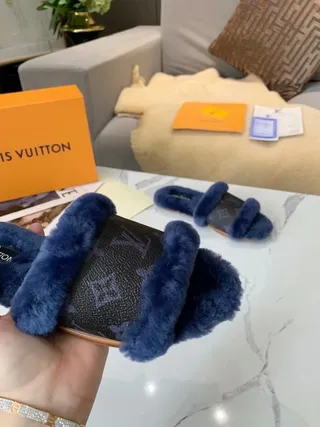Louis Vuitton Monogram Canvas Navy Shearling Trim Slippers 5