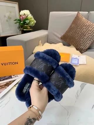 Louis Vuitton Monogram Canvas Navy Shearling Trim Slippers 6