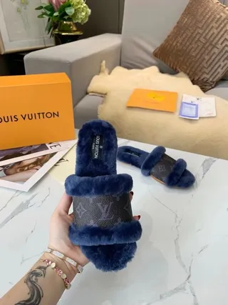 Louis Vuitton Monogram Canvas Navy Shearling Trim Slippers 7