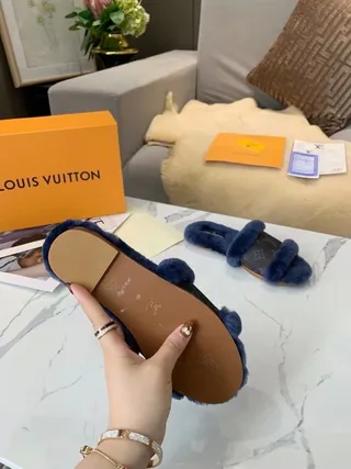 Louis Vuitton Monogram Canvas Navy Shearling Trim Slippers 8