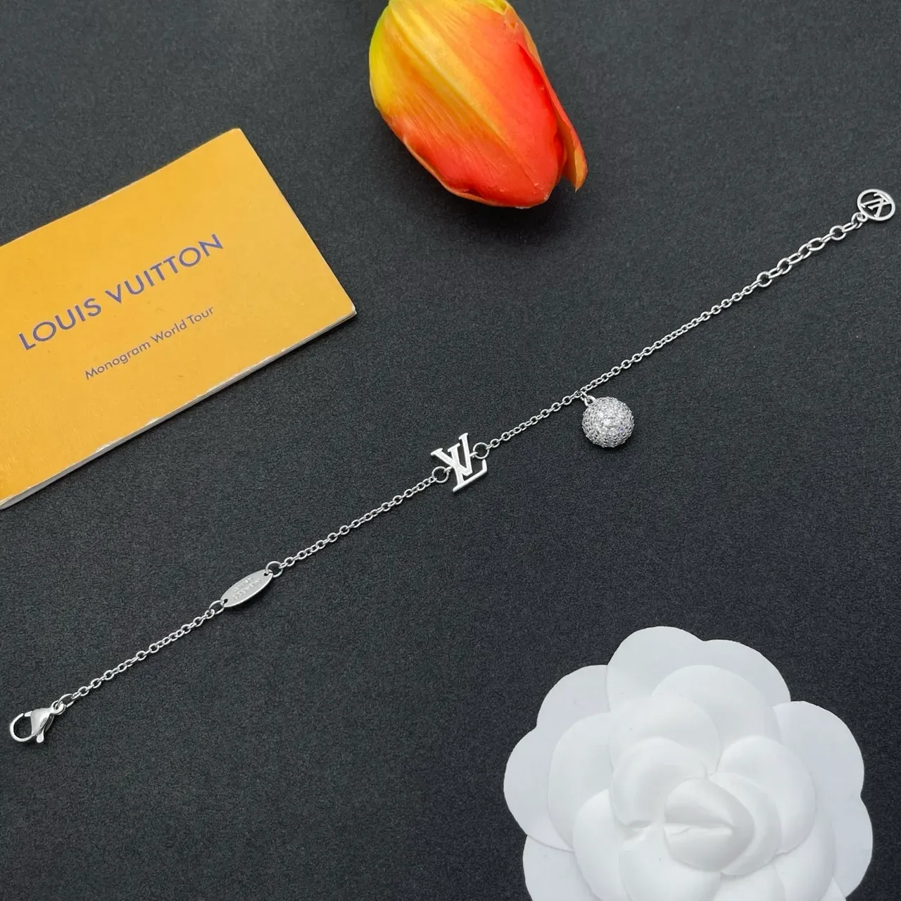 Louis Vuitton Monogram Charm Silver Chain Bracelet 7