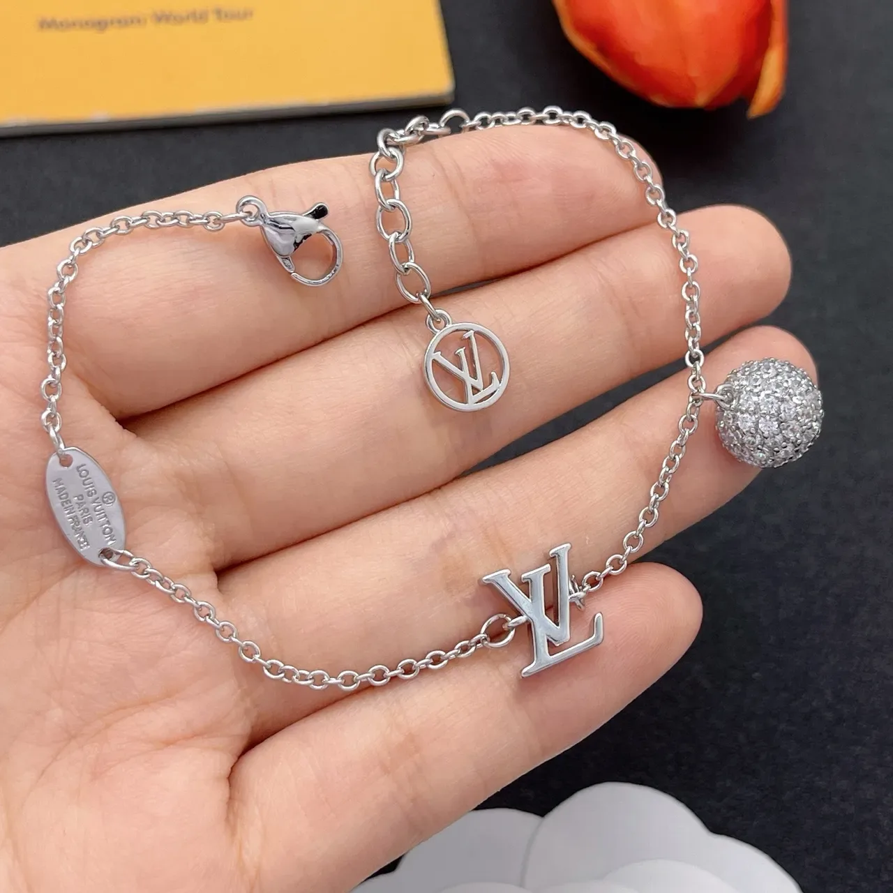 Louis Vuitton Monogram Charm Silver Chain Bracelet 8