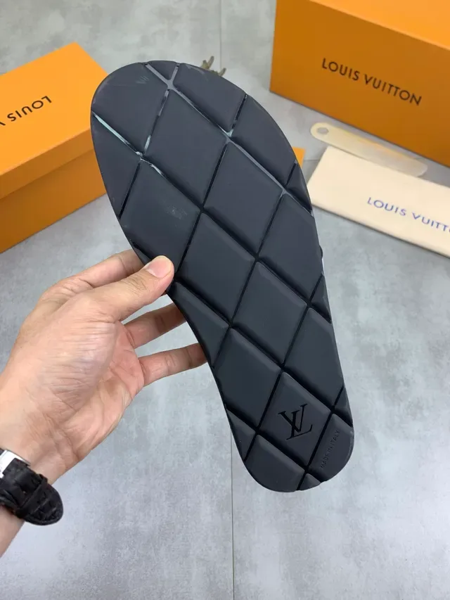Louis Vuitton Monogram Embossed Two-Strap Black and Gray Slippers 2