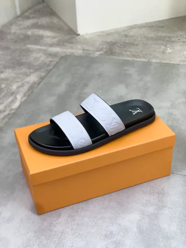 Louis Vuitton Monogram Embossed Two-Strap Black and Gray Slippers 3