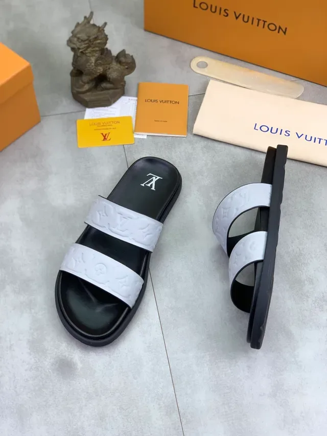 Louis Vuitton Monogram Embossed Two-Strap Black and Gray Slippers 4