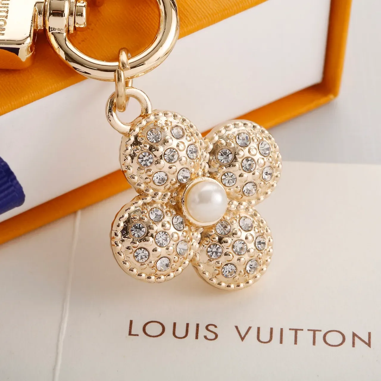 Louis Vuitton Monogram Flower Crystal Pearl Keychain Brooch 6
