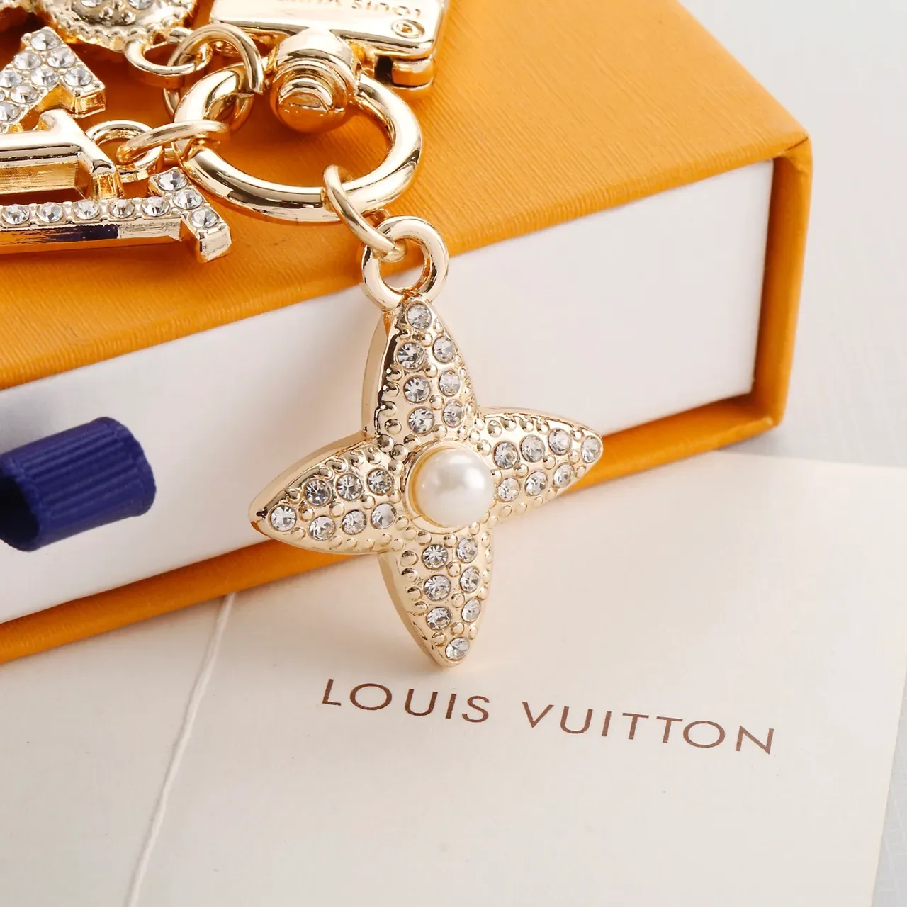 Louis Vuitton Monogram Flower Crystal Pearl Keychain Brooch 7