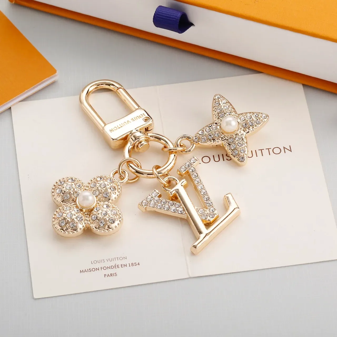 Louis Vuitton Monogram Flower Crystal Pearl Keychain Brooch 9