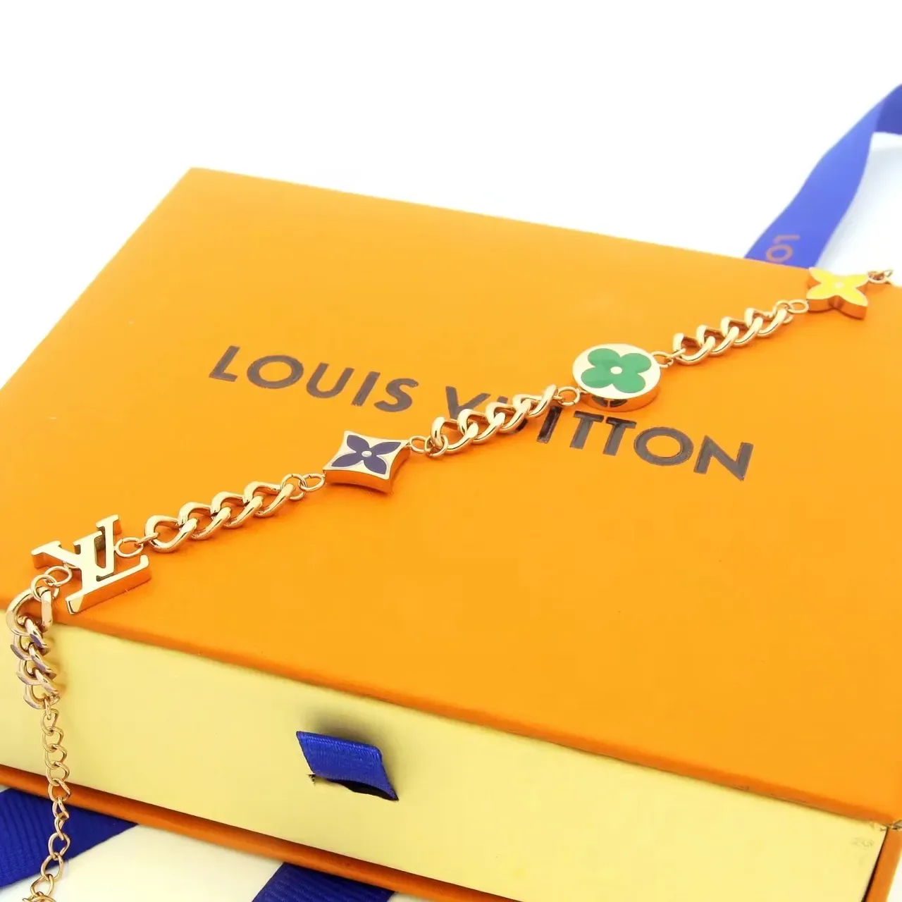 Louis Vuitton Monogram Flower Gold Silver Chain-Link Enamel-Charm Bracelet 2